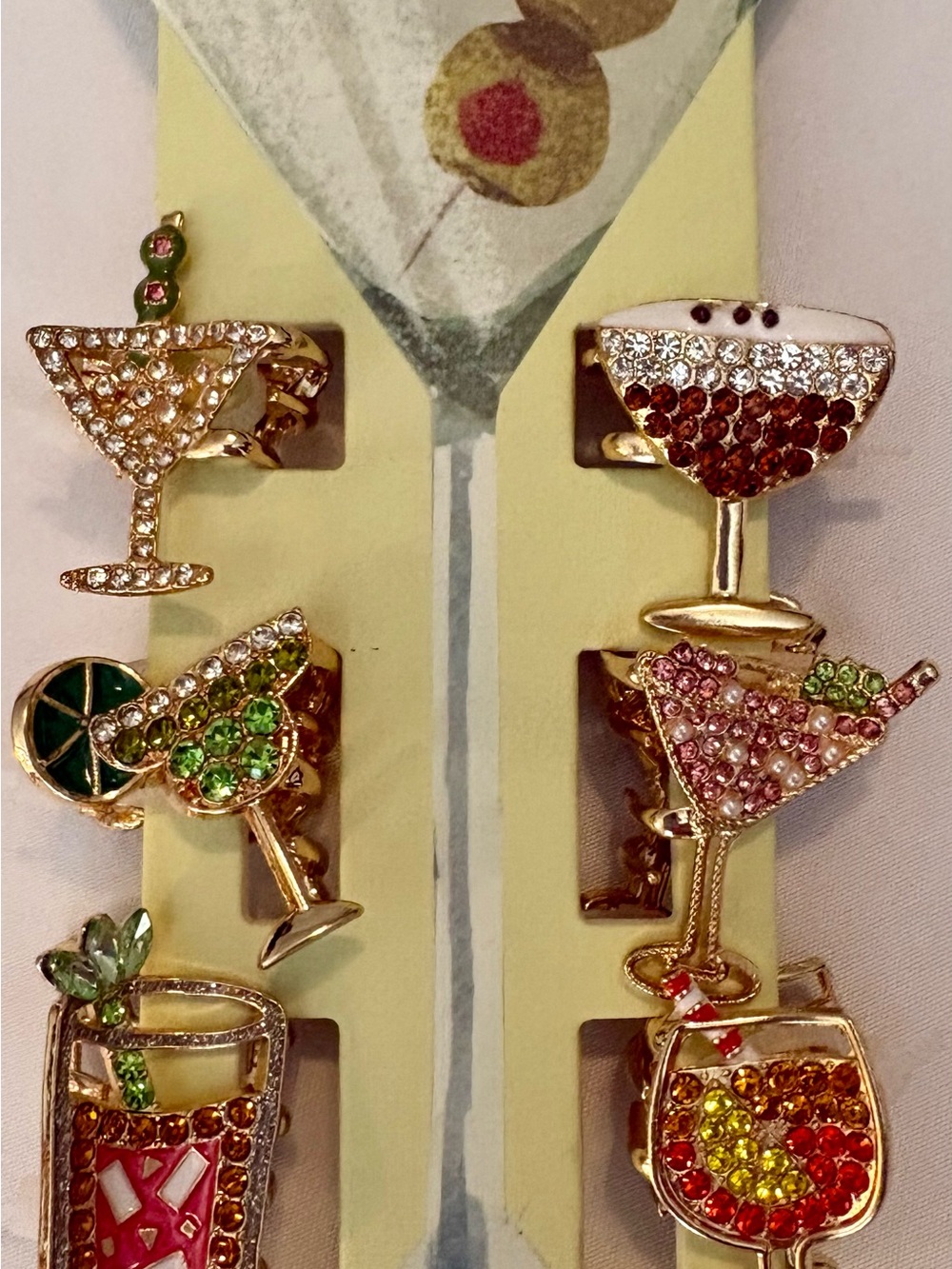 Piper.K Rhinestone Cocktail & Martini Mini Hair Clips Set of 6 Goldtone New